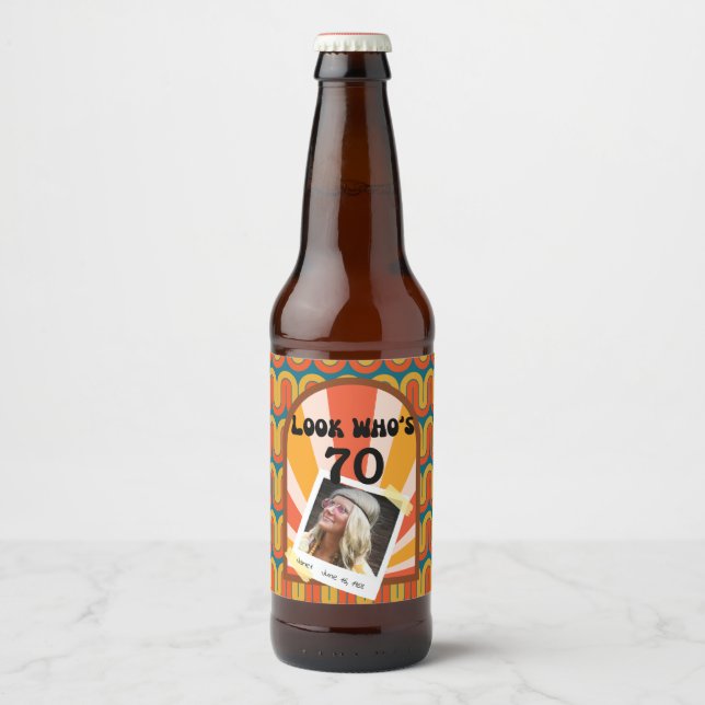 Retro Hippie 60's Custom Photo 70th Birthday Beer Bottle Label (Front)