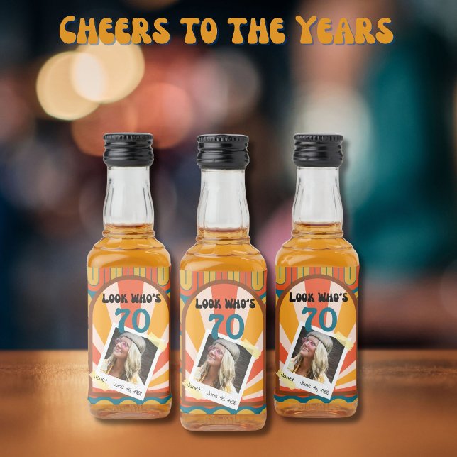 Retro Hippie 60's Custom Photo 70th Birthday Liquor Bottle Label (Creator Uploaded)