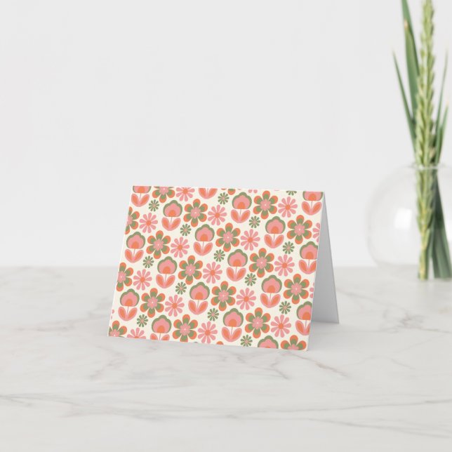 Retro Hippie Boho 70s Flower Pattern Pink Green  Thank You Card (Front)