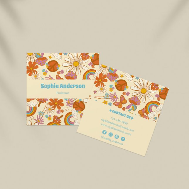 Retro Hippie Boho Floral Mushroom  Square Business Card (Creator Uploaded)