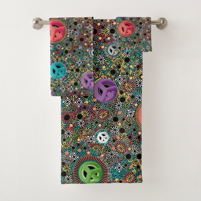 Retro Hippie Colourful Peace Sign 60s Pattern Bath Towel Set (Insitu)