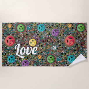 Retro Hippie Colourful Peace Sign 60s Pattern Beach Towel