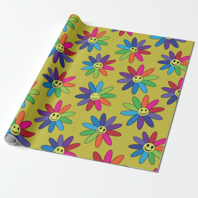 Retro  hippie colourful smiling flowers  pattern wrapping paper (Unrolled)