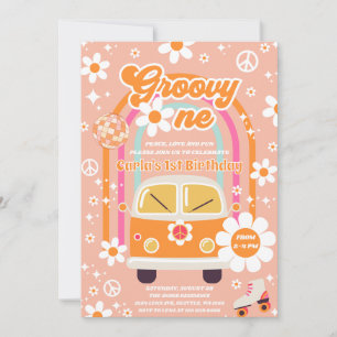 Retro Hippie Daisy Rainbow Groovy One 1st Birthday Invitation