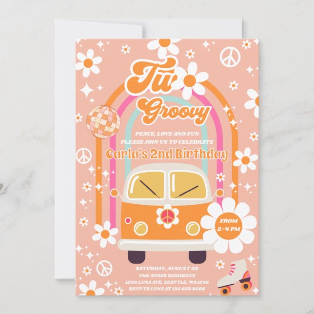 Retro Hippie Daisy Rainbow Two Groovy 2nd Birthday Invitation (Front)