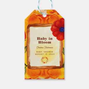Retro Hippie Floral Watercolor Orange Baby Shower Gift Tags