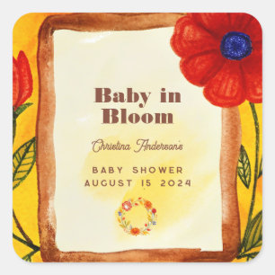 Retro Hippie Floral Watercolor Orange Baby Shower Square Sticker