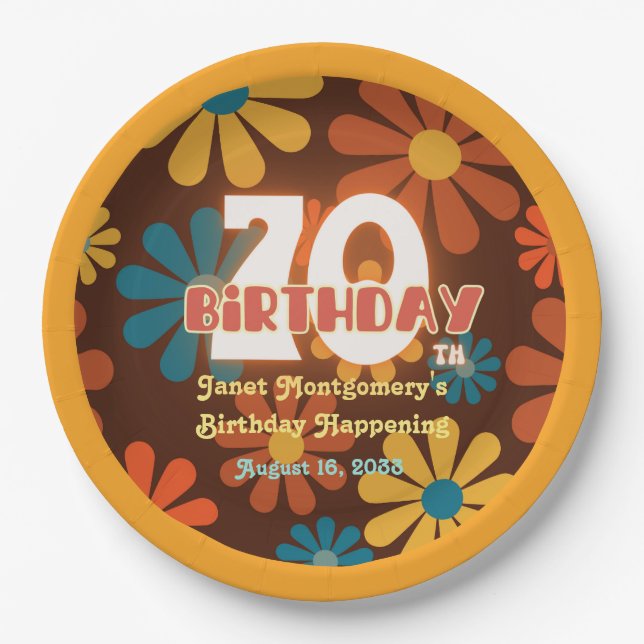 Retro Hippie Flower 70th Birthday  Paper Plate (Front)