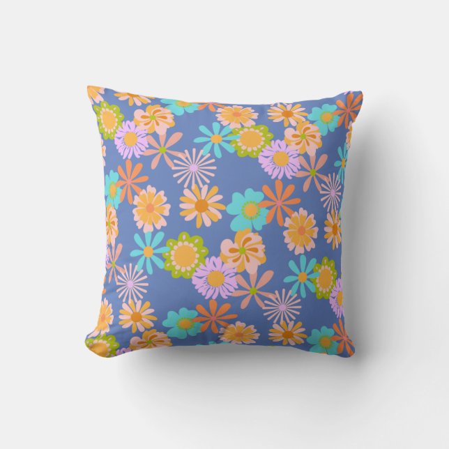 Retro Hippie Flower Pattern in Blue Cushion (Front)