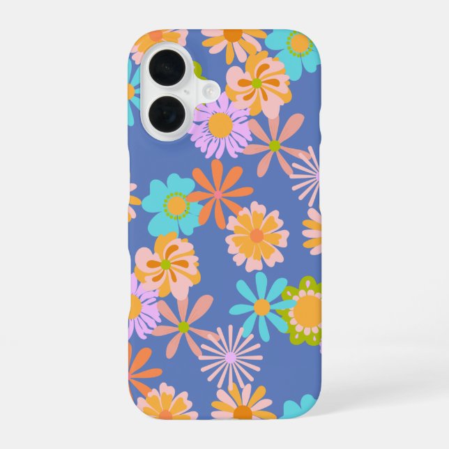 Retro Hippie Flower Pattern in Blue  iPhone 16 Case (Back)