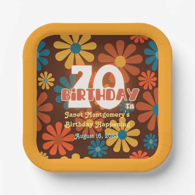 Retro Hippie Flower Personalised 70th Birthday  Paper Plate (Front)