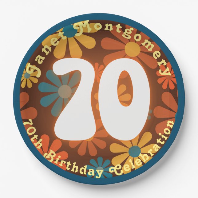 Retro Hippie Flower Power 70th Birthday  Paper Plate (Front)
