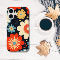 Retro Hippie Flowers Blue Yellow Beige Red