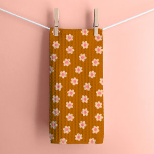 Retro Hippie Flowers on Camel Brown Tea Towel