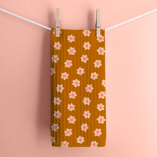 Retro Hippie Flowers on Camel Brown Tea Towel