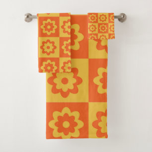 Retro Hippie Flowers on Checkerboard Yellow Orange Bath Towel Set
