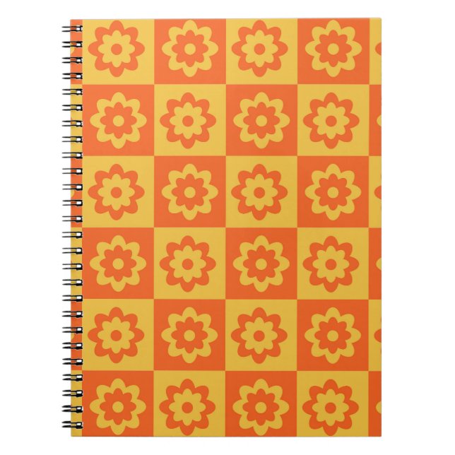 Retro Hippie Flowers on Chequerboard Yellow Orange Notebook (Front)