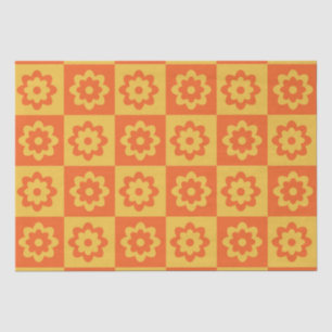 Retro Hippie Flowers on Chequerboard Yellow Orange Tissue Paper