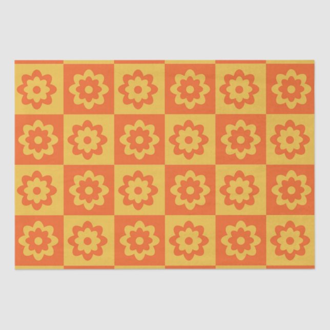 Retro Hippie Flowers on Chequerboard Yellow Orange Tissue Paper (Front)