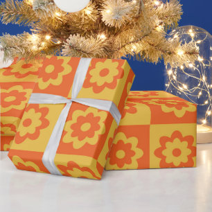 Retro Hippie Flowers on Chequerboard Yellow Orange Wrapping Paper