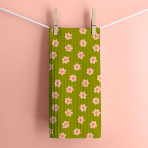 Retro Hippie Flowers on Olive Green Tea Towel