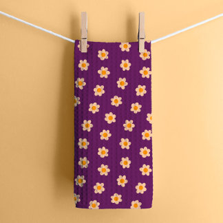 Retro Hippie Flowers on Purple Tea Towel