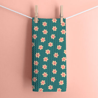 Retro Hippie Flowers on Teal Tea Towel