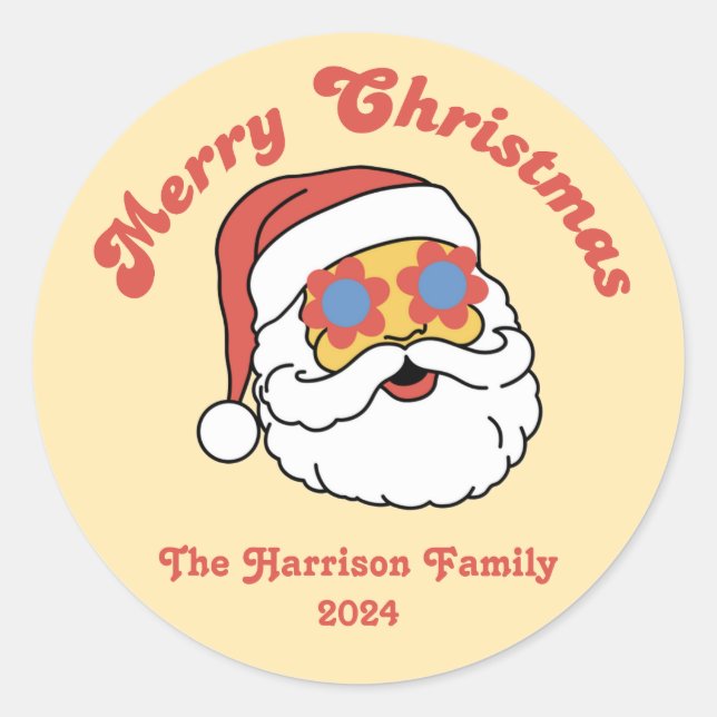 Retro Hippie Funny Santa Christmas Classic Round Sticker (Front)
