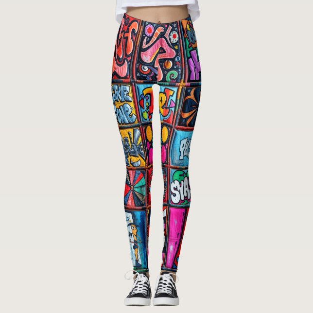 Retro Hippie Graffiti Patchwork Quilt Leggings (Front)