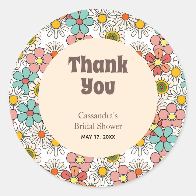 Retro Hippie Groovy Flower Bridal Shower Thank You Classic Round Sticker (Front)