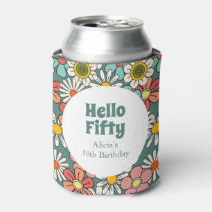 Retro Hippie Groovy Flower Hello Fifty Birthday Can Cooler