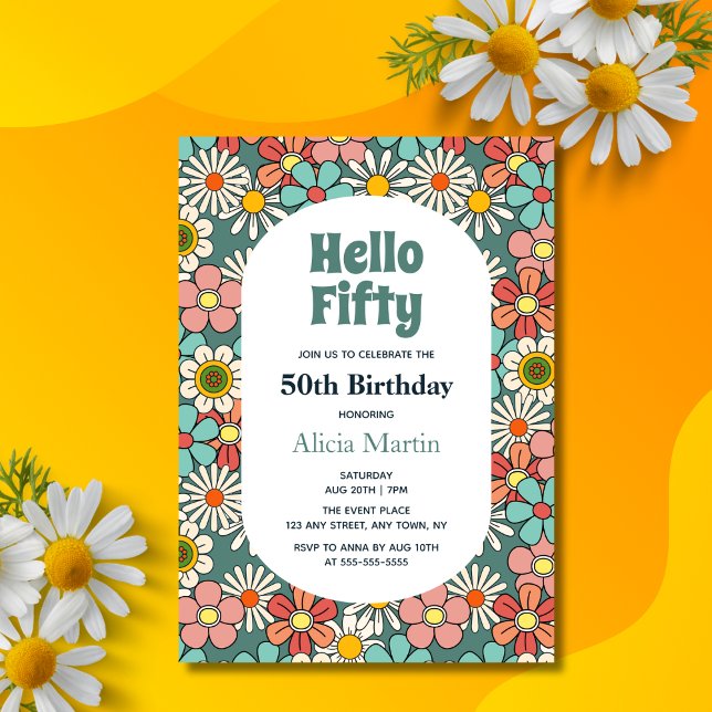 Retro Hippie Groovy Flower Hello Fifty Birthday  Invitation (Creator Uploaded)