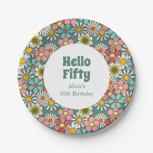 Retro Hippie Groovy Flower Hello Fifty Birthday  Paper Plate
