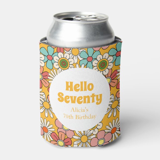 Retro Hippie Groovy Flower Hello Seventy Birthday Can Cooler (Can Front)