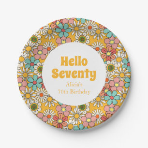 Retro Hippie Groovy Flower Hello Seventy Birthday Paper Plate