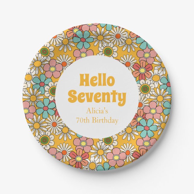 Retro Hippie Groovy Flower Hello Seventy Birthday Paper Plate (Front)
