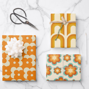 Retro Hippie Groovy Seventies Floral & Rainbow 60s Wrapping Paper Sheet