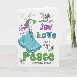 Retro Hippie Joy Love and Peace Holiday Bunny Card