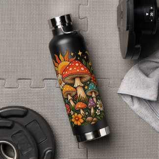 Retro Hippie Mushroom & Wildflower Illustration - Water Bottle
