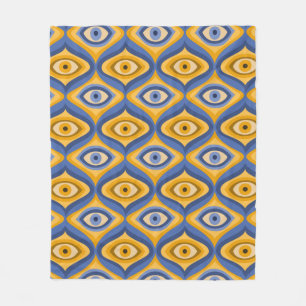 Retro Hippie Pattern - Psychedelic Eye Yellow Blue Fleece Blanket