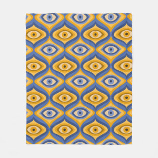 Retro Hippie Pattern - Psychedelic Eye Yellow Blue Fleece Blanket