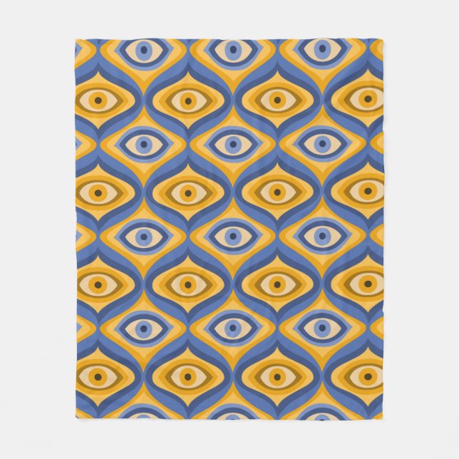 Retro Hippie Pattern - Psychedelic Eye Yellow Blue Fleece Blanket (Front)
