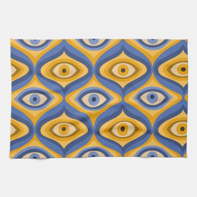Retro Hippie Pattern - Psychedelic Eye Yellow Blue Tea Towel (Horizontal)