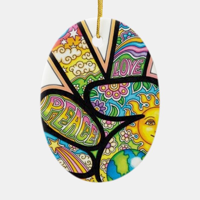 Retro Hippie Peace Ceramic Tree Decoration (Front)