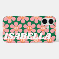 Retro Hippie Peace Flower Green Personalised Name