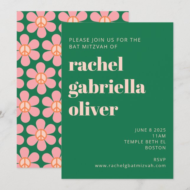 Retro Hippie Peace Flower Green Pink Bat Mitzvah Invitation (Front/Back)