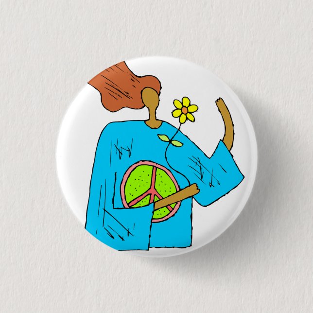 Retro Hippie Peace Girl Flower Button (Front)