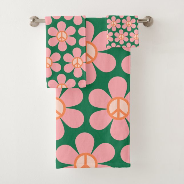Retro Hippie Peace Sign Flower Green and Pink Bath Towel Set (Insitu)