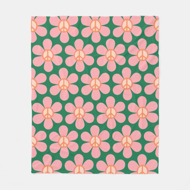 Retro Hippie Peace Sign Flower Green and Pink  Fleece Blanket (Front)