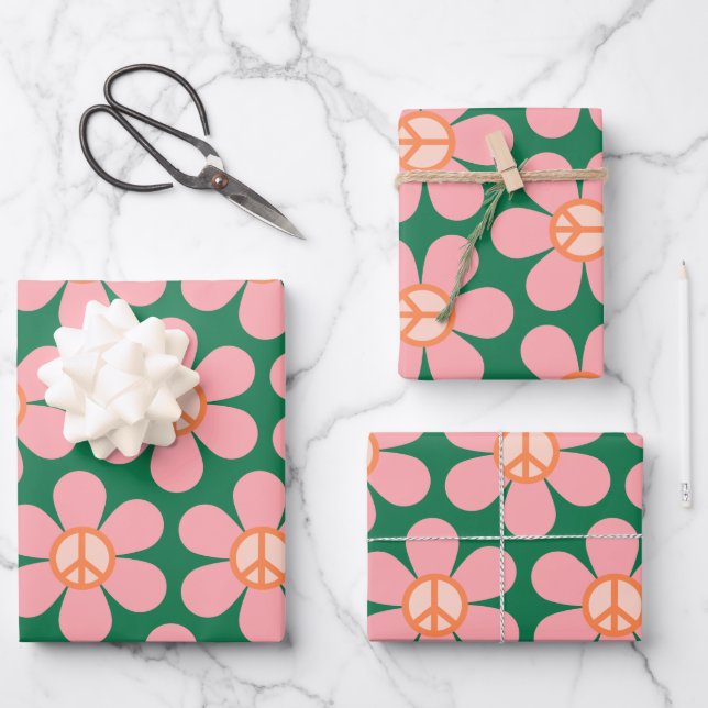 Retro Hippie Peace Sign Flower Green and Pink Wrapping Paper Sheet (Front)
